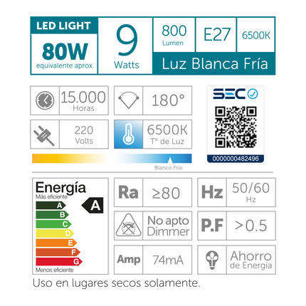 FOCO LED A60 / E27 / 9W LUZ FRÍA