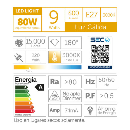 FOCO LED A60 / E27 / 9W LUZ CALIDA