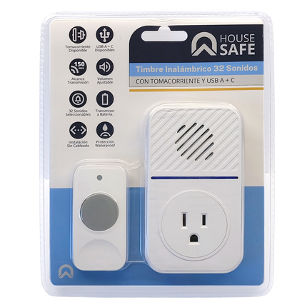 Timbre Inalambrico 32 Sonidos, 150 Mts Petrus a Corriente con Socket adicional (USB A + C)