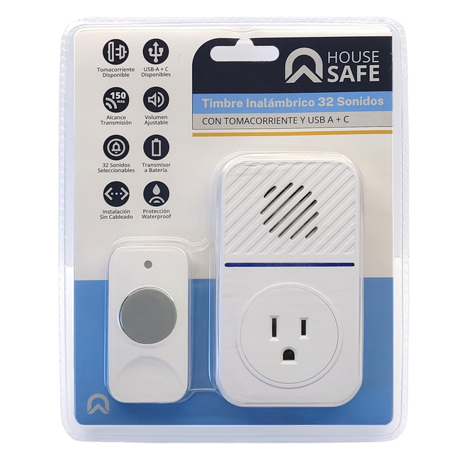Timbre Inalambrico 32 Sonidos, 150 Mts Petrus a Corriente con Socket adicional (USB A + C)